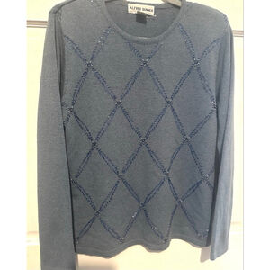 Vintage Alfred Dunner sweater M women's festive holiday Blue Beaded Crew Neck